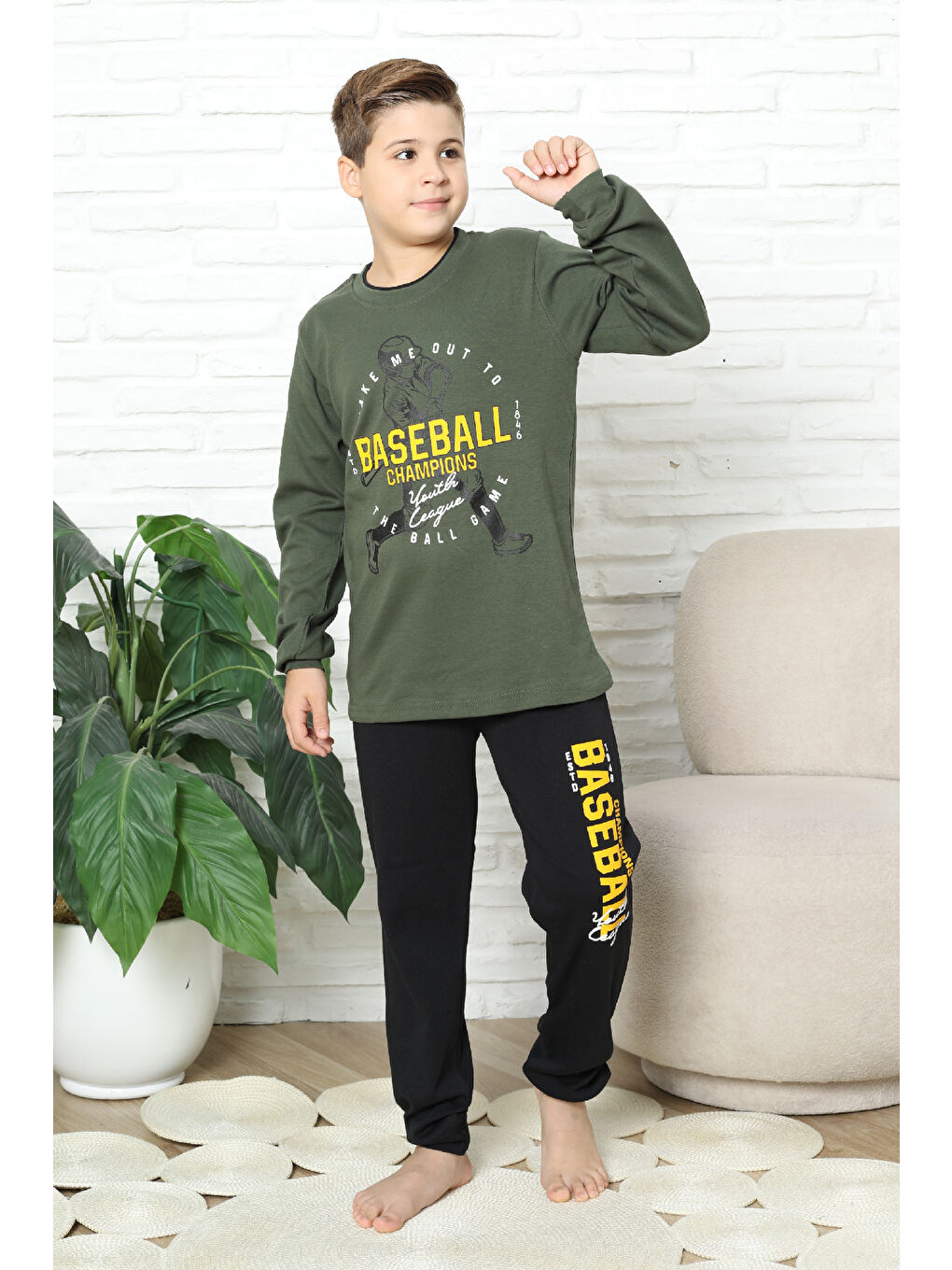 Haki Erkek Çocuk Pijama Takımı %100 Pamuk İnterlok Kumaş 12447-3