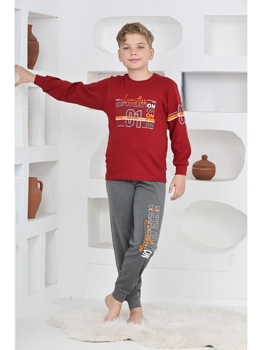Bordo Erkek Çocuk Baskılı %100 Pamuk İnterlok Kumaş Pijama Takımı 12446