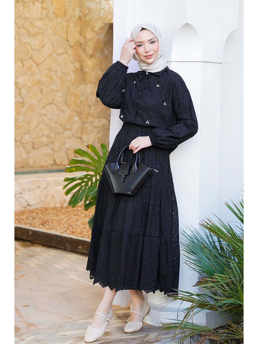 Kadın Brode Detaylı Taş İşlemeli İkili Takım  Siyah-1