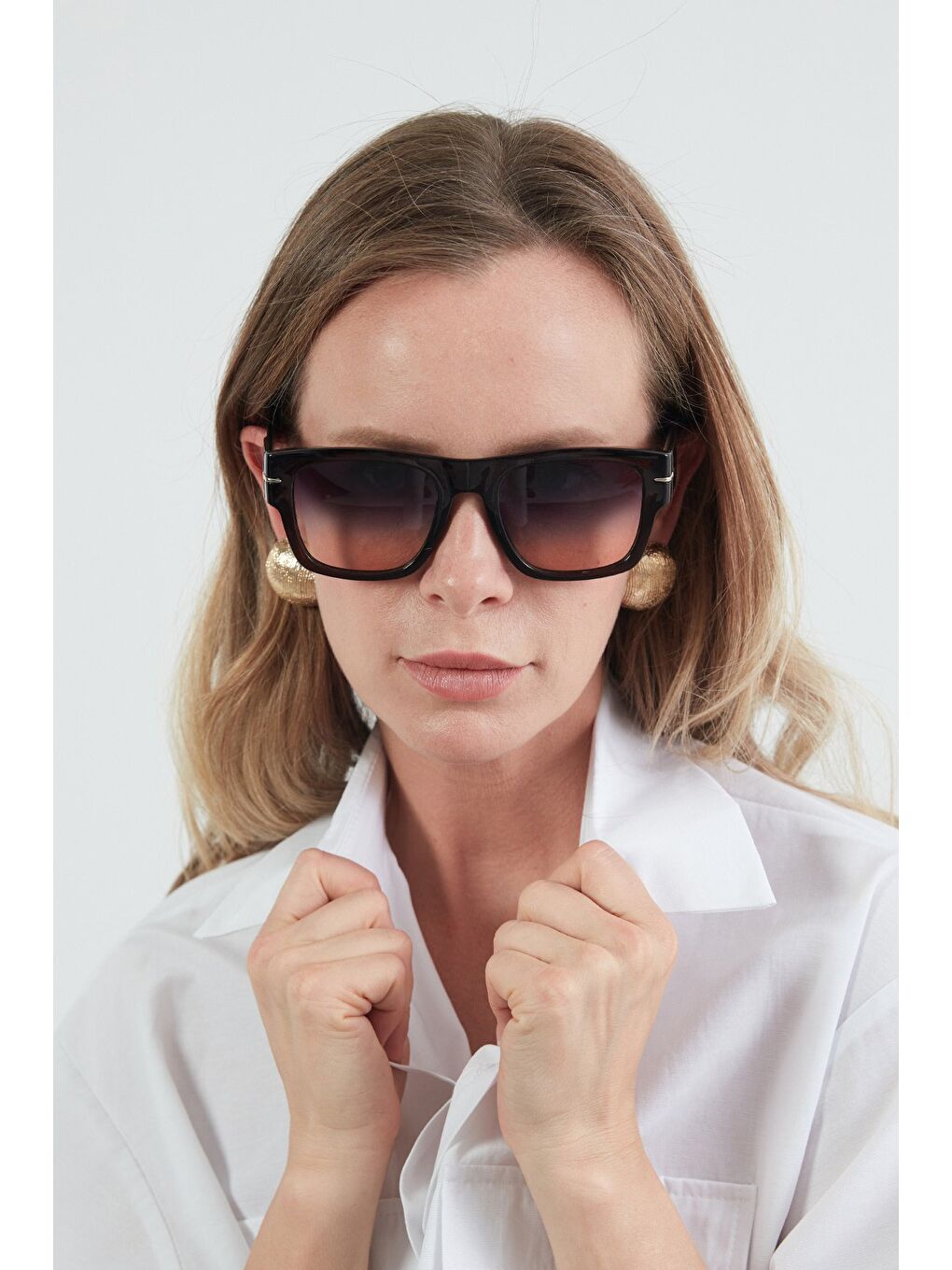 Kahverengi Dikdörtgen Çerçeveli Metal Aksesuarlı Güneş Gözlüğü-3