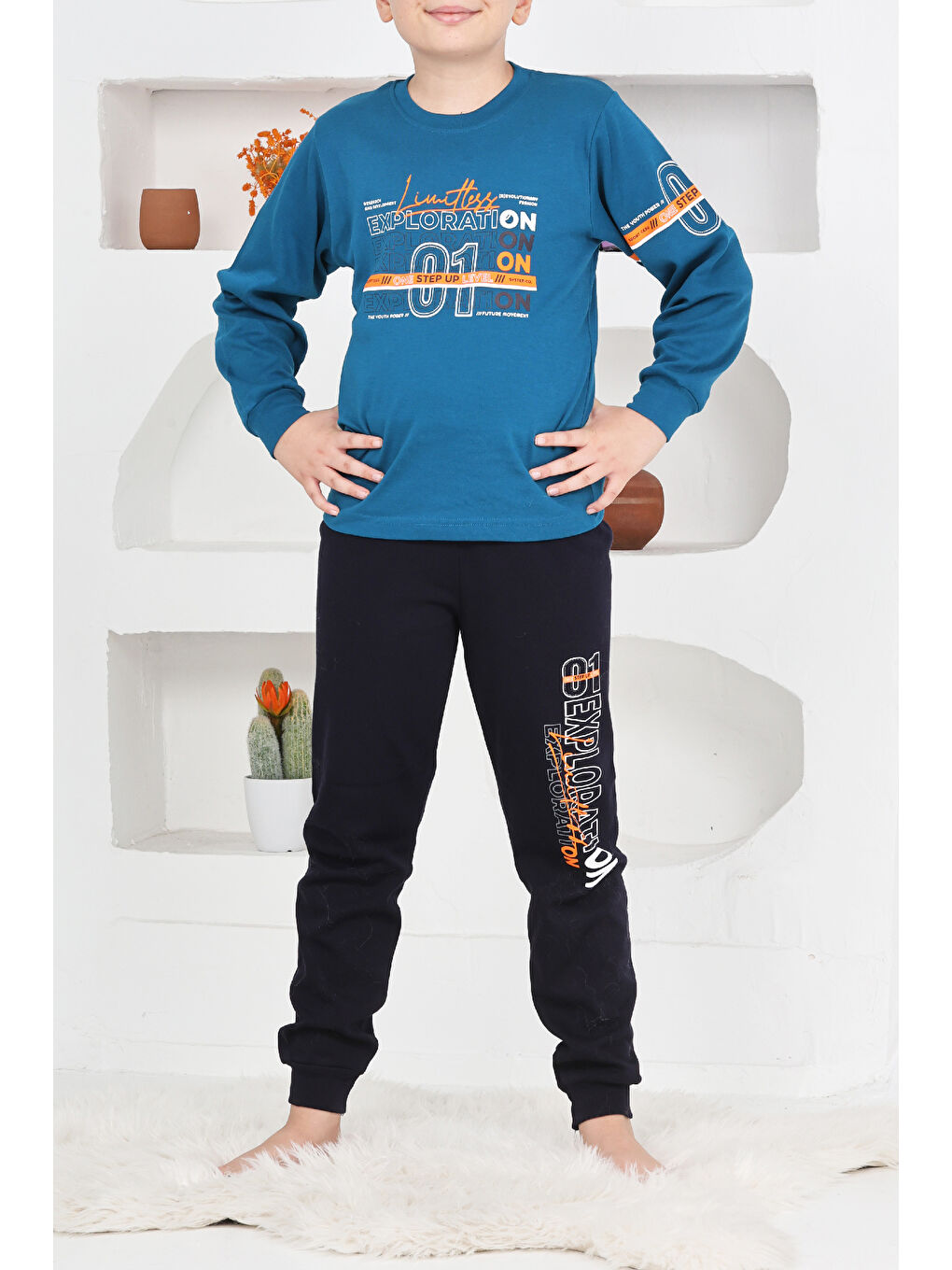 Petrol Erkek Çocuk Baskılı %100 Pamuk İnterlok Kumaş Pijama Takımı 12446-1