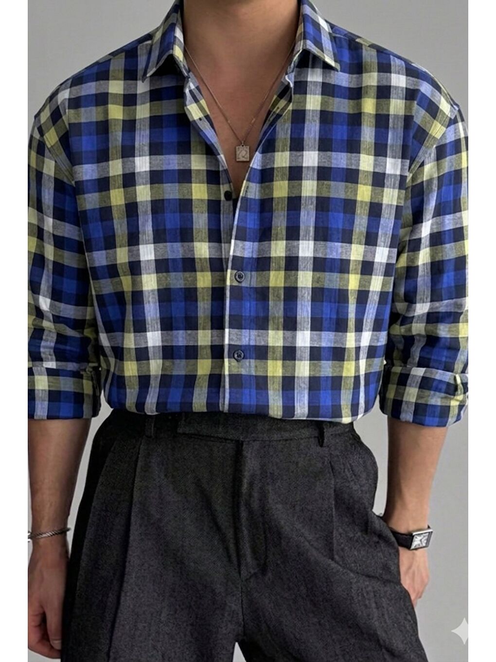 Sarı Erkek Ekose Gömlek Slim Fit Pamuklu Uzun Kollu Günlük Gömlek