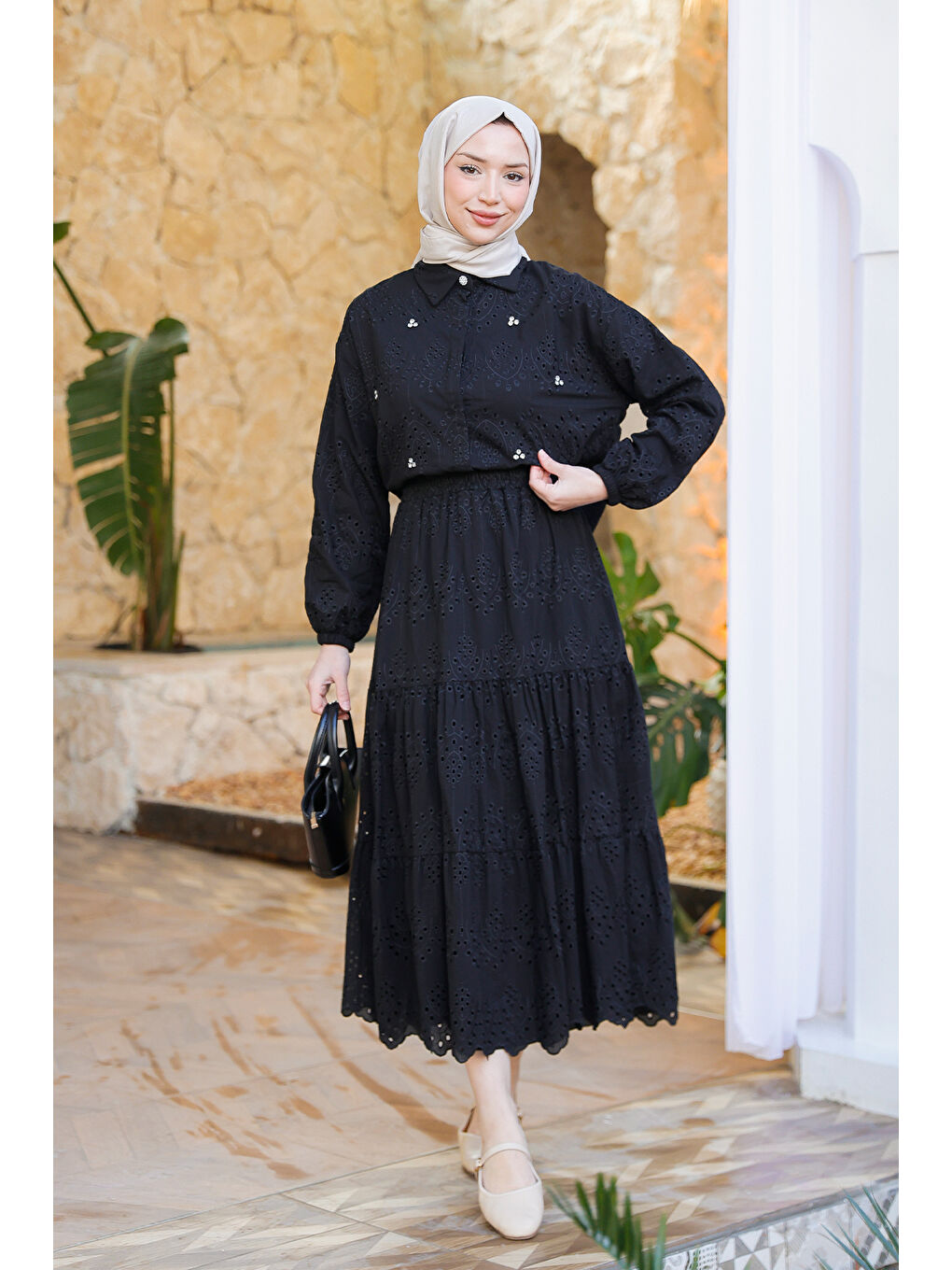 Kadın Brode Detaylı Taş İşlemeli İkili Takım  Siyah-2