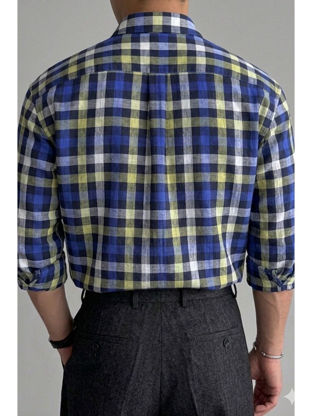 Sarı Erkek Ekose Gömlek Slim Fit Pamuklu Uzun Kollu Günlük Gömlek-1