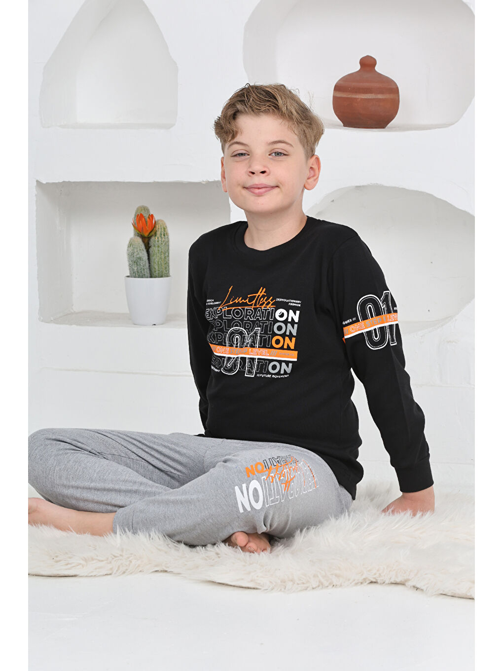 Siyah Erkek Çocuk Baskılı %100 Pamuk İnterlok Kumaş Pijama Takımı 12446-1