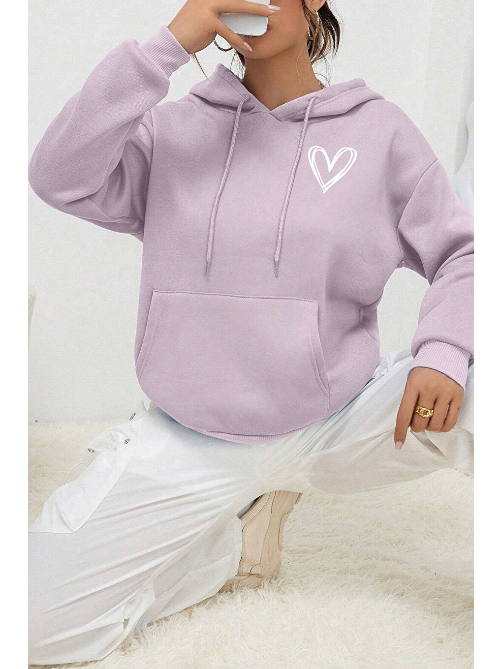 uyguntarz Lila Unisex Heart Baskılı Oversize Sweatshirt