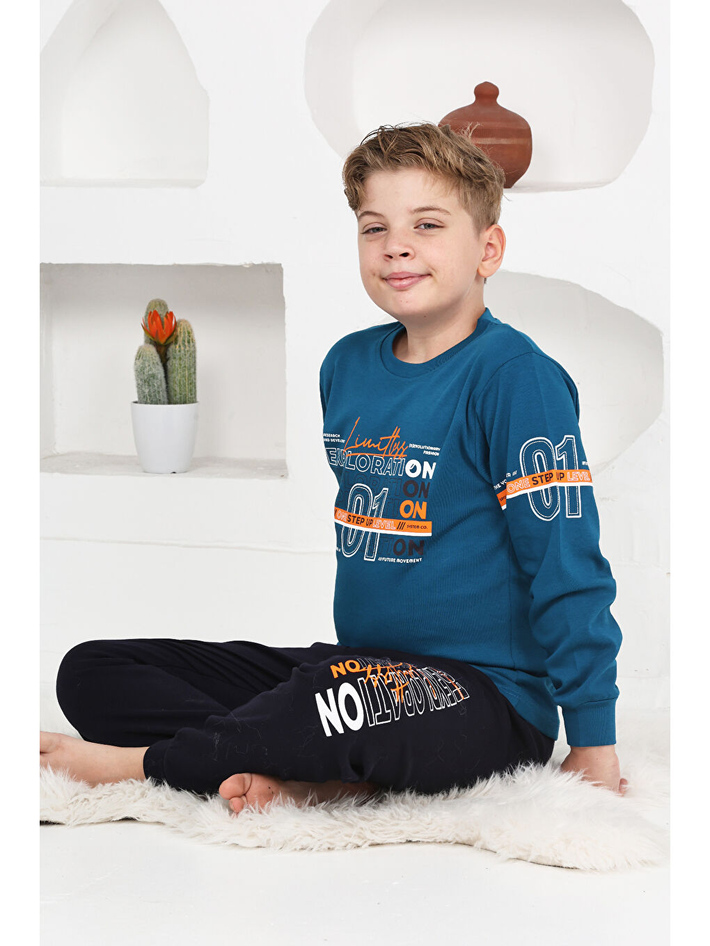 Petrol Erkek Çocuk Baskılı %100 Pamuk İnterlok Kumaş Pijama Takımı 12446-2