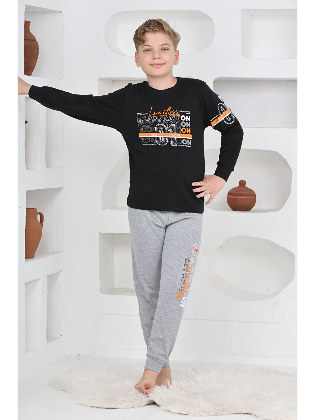 Siyah Erkek Çocuk Baskılı %100 Pamuk İnterlok Kumaş Pijama Takımı 12446-2