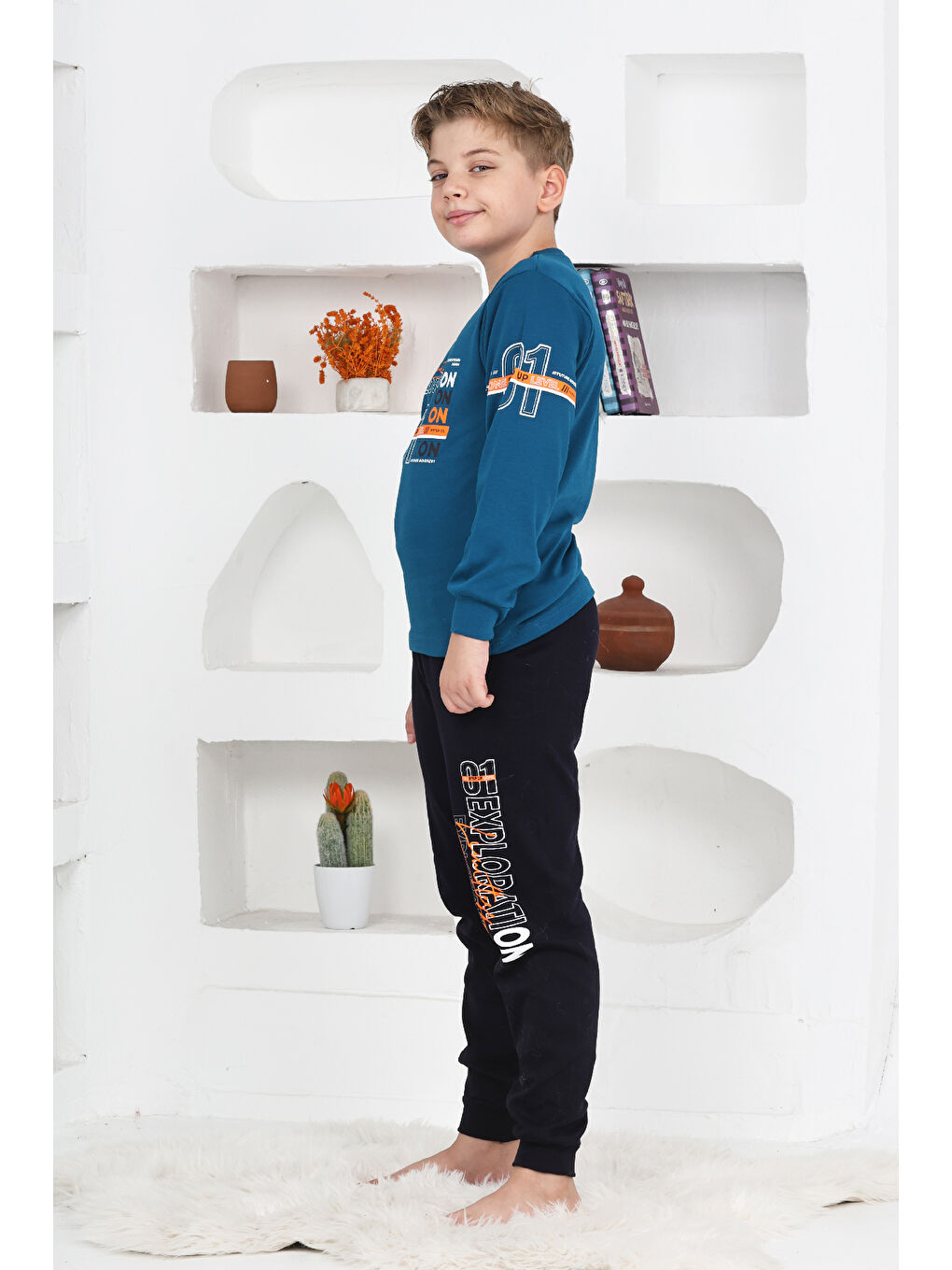 Petrol Erkek Çocuk Baskılı %100 Pamuk İnterlok Kumaş Pijama Takımı 12446-3