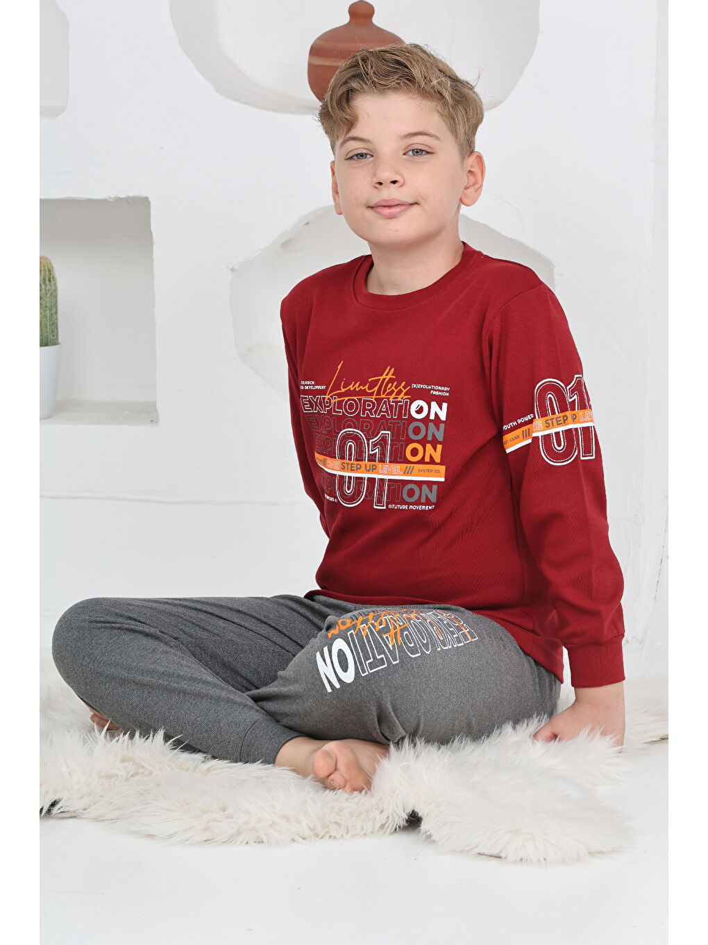 Bordo Erkek Çocuk Baskılı %100 Pamuk İnterlok Kumaş Pijama Takımı 12446-1