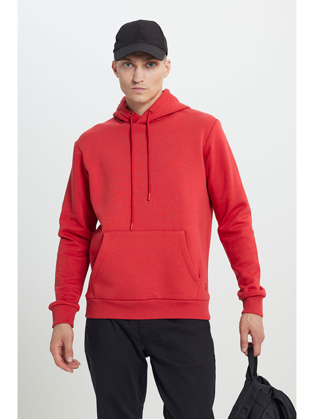 Erkek Kırmızı Standart Fit Pamuklu Kapüşonlu Sweatshirt