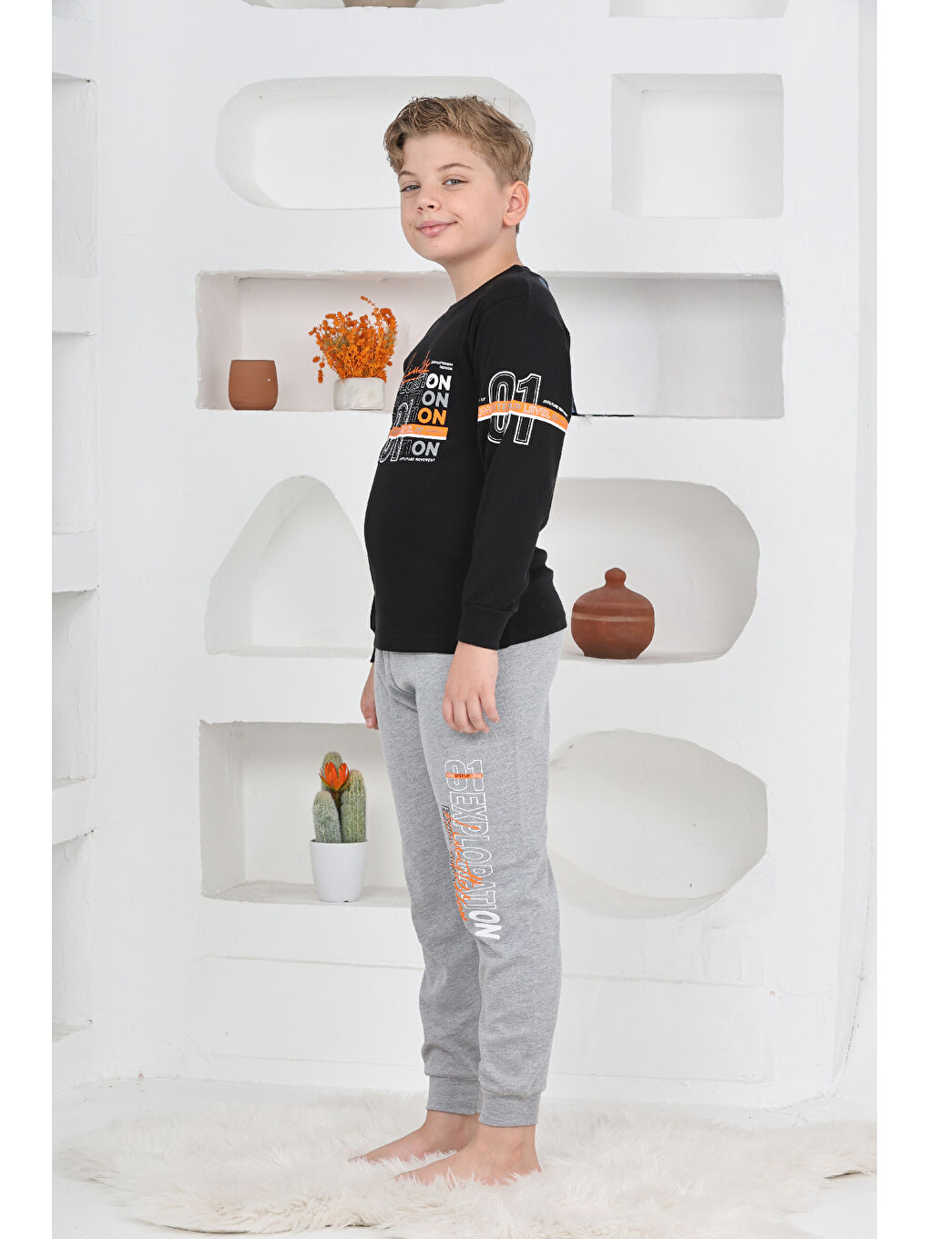 Siyah Erkek Çocuk Baskılı %100 Pamuk İnterlok Kumaş Pijama Takımı 12446-3