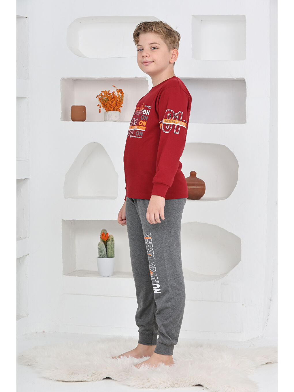 Bordo Erkek Çocuk Baskılı %100 Pamuk İnterlok Kumaş Pijama Takımı 12446-2