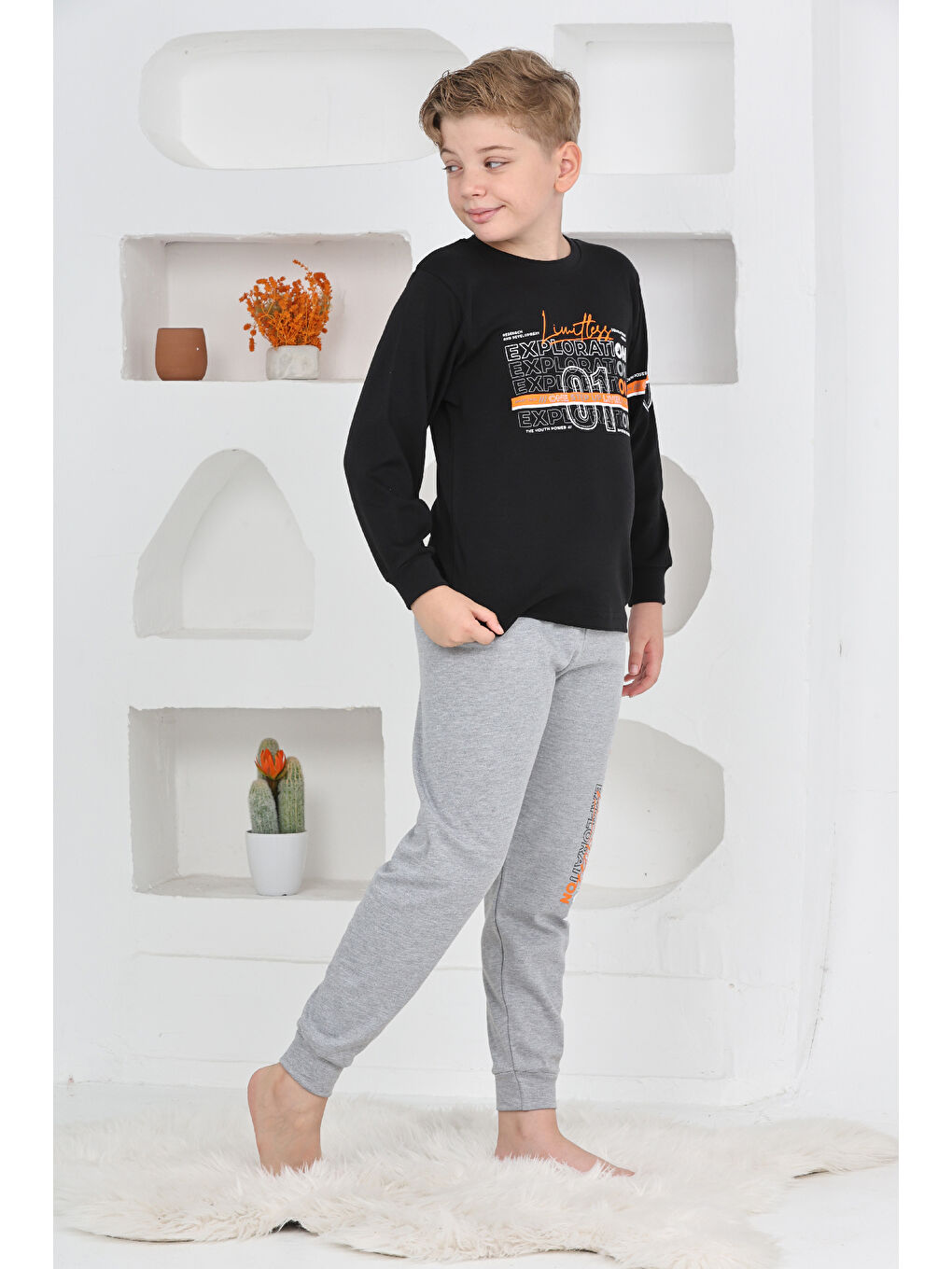 Siyah Erkek Çocuk Baskılı %100 Pamuk İnterlok Kumaş Pijama Takımı 12446-4