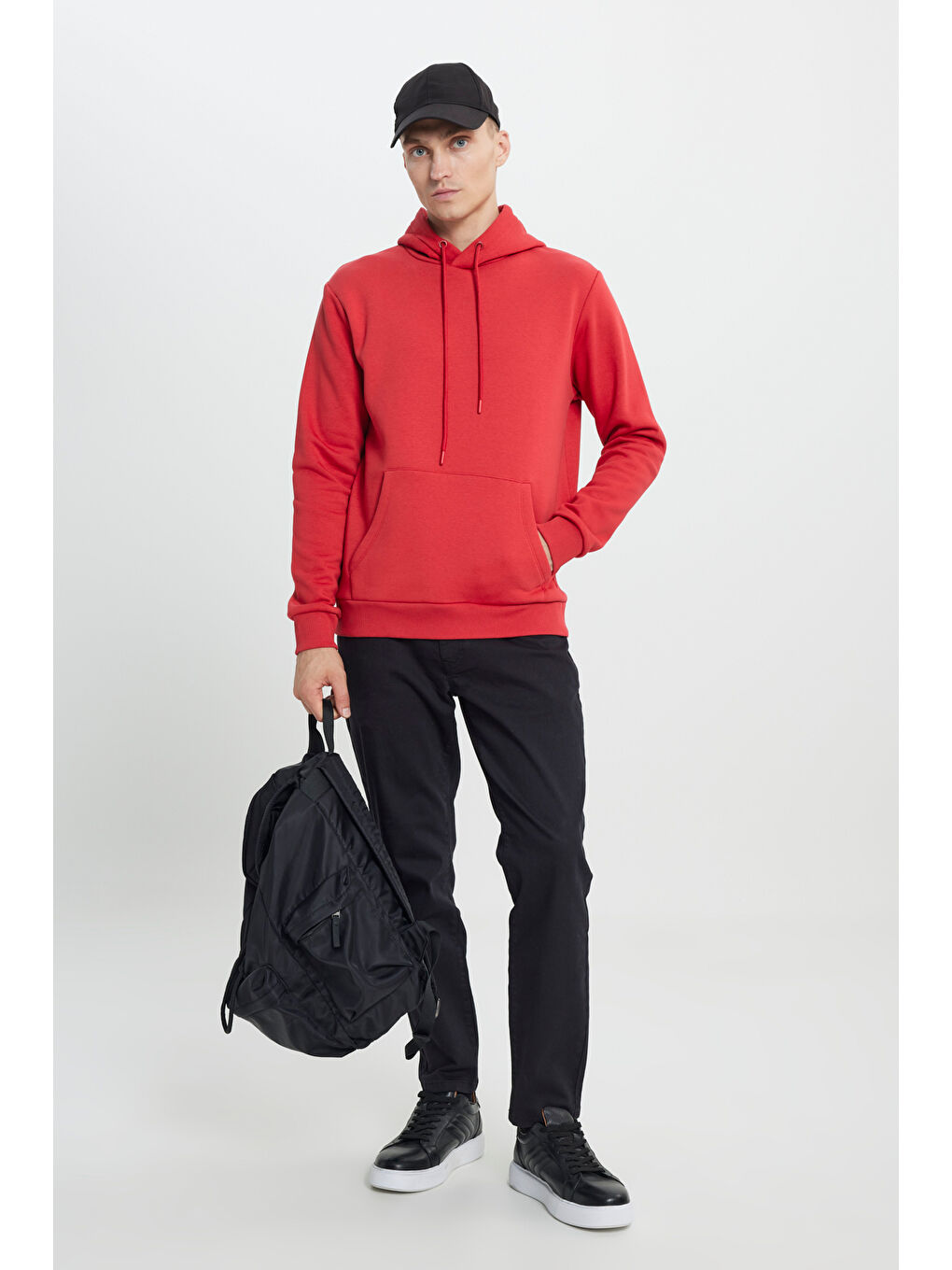 Erkek Kırmızı Standart Fit Pamuklu Kapüşonlu Sweatshirt-1