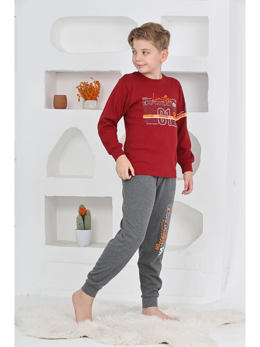 Bordo Erkek Çocuk Baskılı %100 Pamuk İnterlok Kumaş Pijama Takımı 12446-3