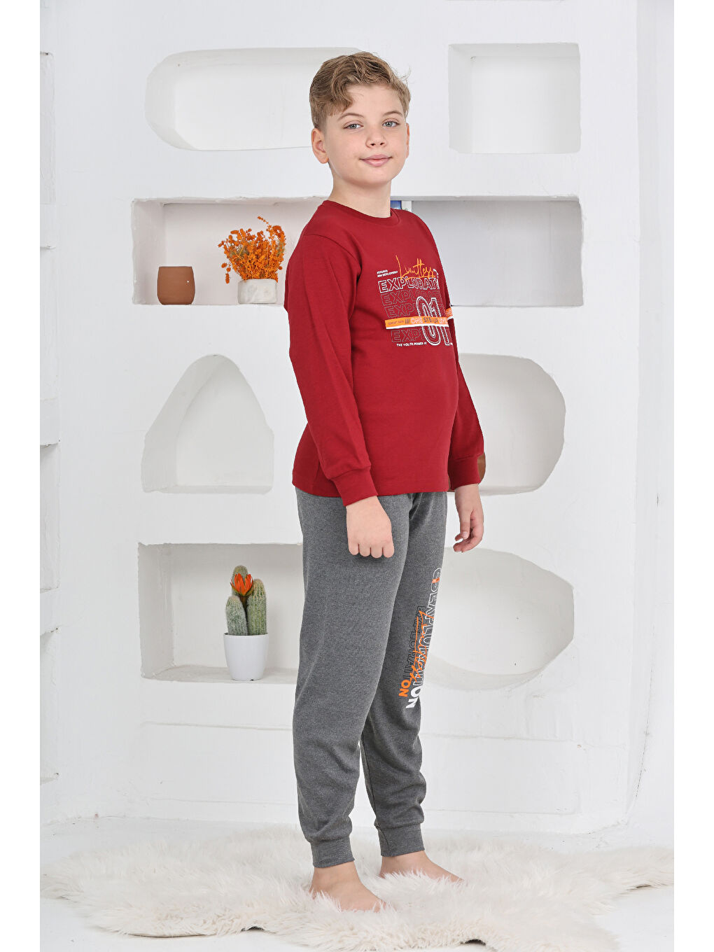 Bordo Erkek Çocuk Baskılı %100 Pamuk İnterlok Kumaş Pijama Takımı 12446-4