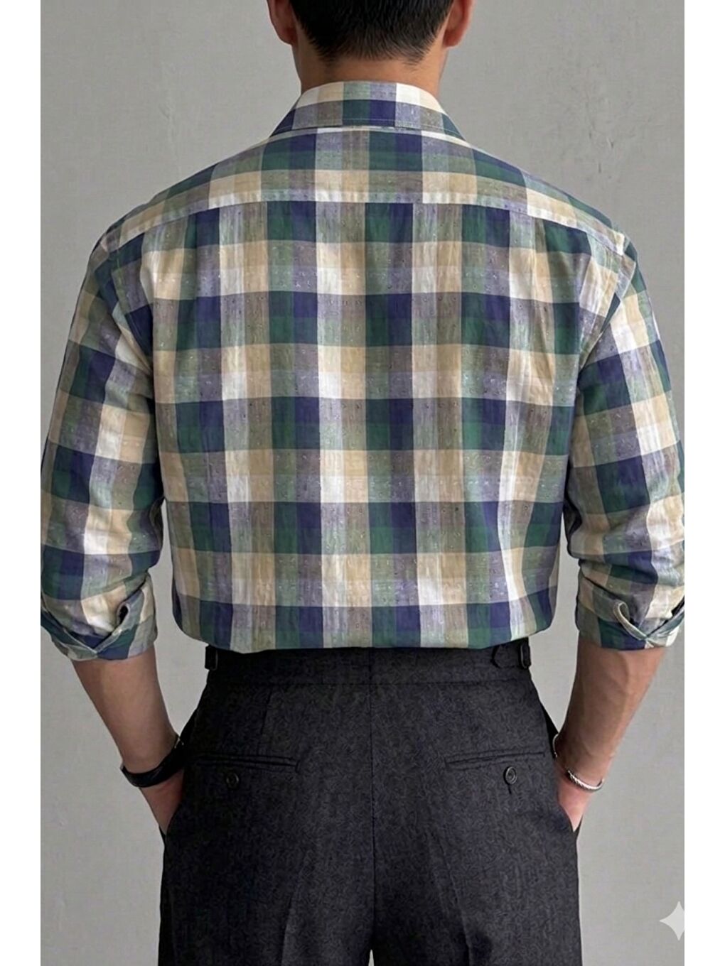 Haki Erkek Ekose Gömlek Slim Fit Pamuklu Uzun Kollu Günlük Gömlek-1