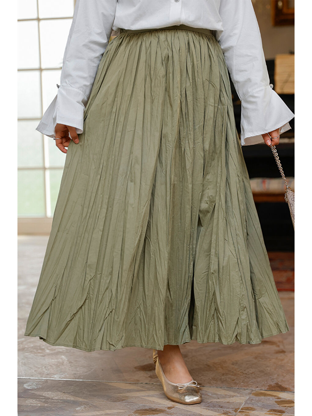 Kadın Beli Lastikli Kraş Etek Yeşil