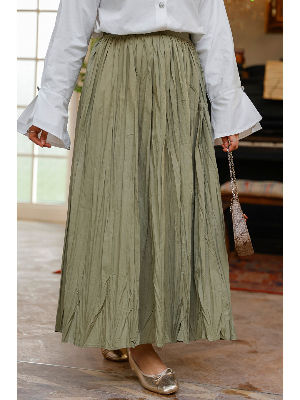 Kadın Beli Lastikli Kraş Etek Yeşil-1