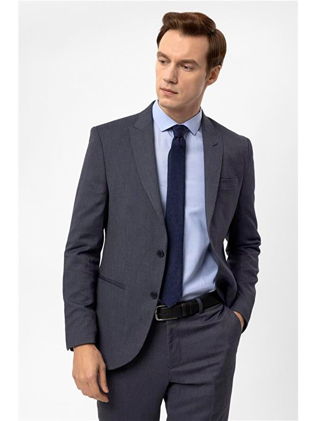 Lacivert Slim Armürlü Sivri Yaka 6 Drop Takım Elbise-1