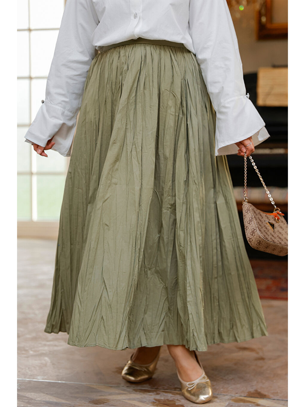 Kadın Beli Lastikli Kraş Etek Yeşil-2