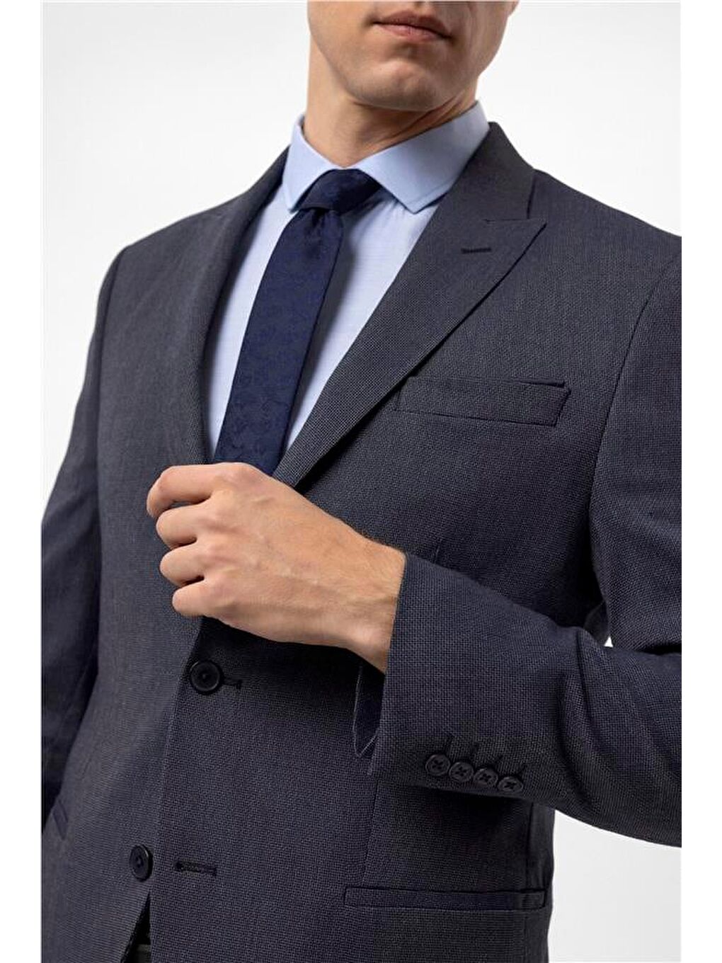 Lacivert Slim Armürlü Sivri Yaka 6 Drop Takım Elbise-3