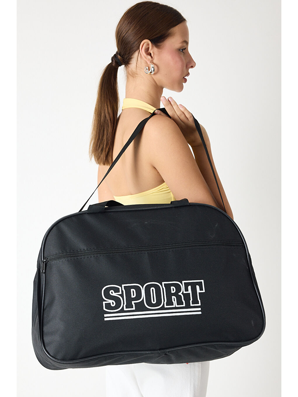 Kadın Siyah Büyük Boy Önü Fermuarlı Baskılı Spor ve Seyahat Omuz Çantası