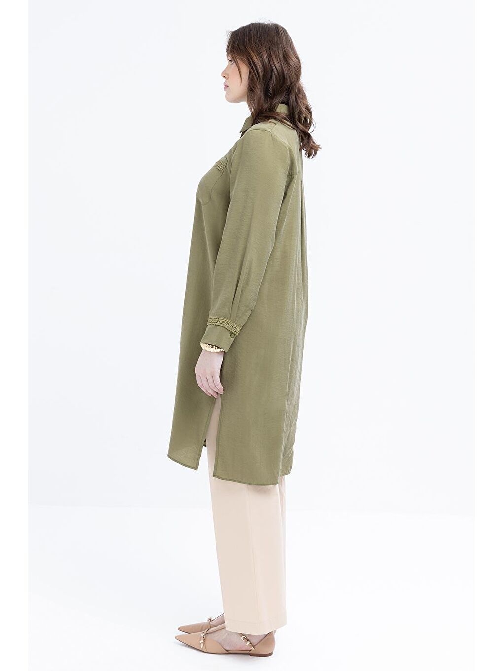 Haki-Şerit Dantel Detaylı Büyük Beden Modal Gömlek-2