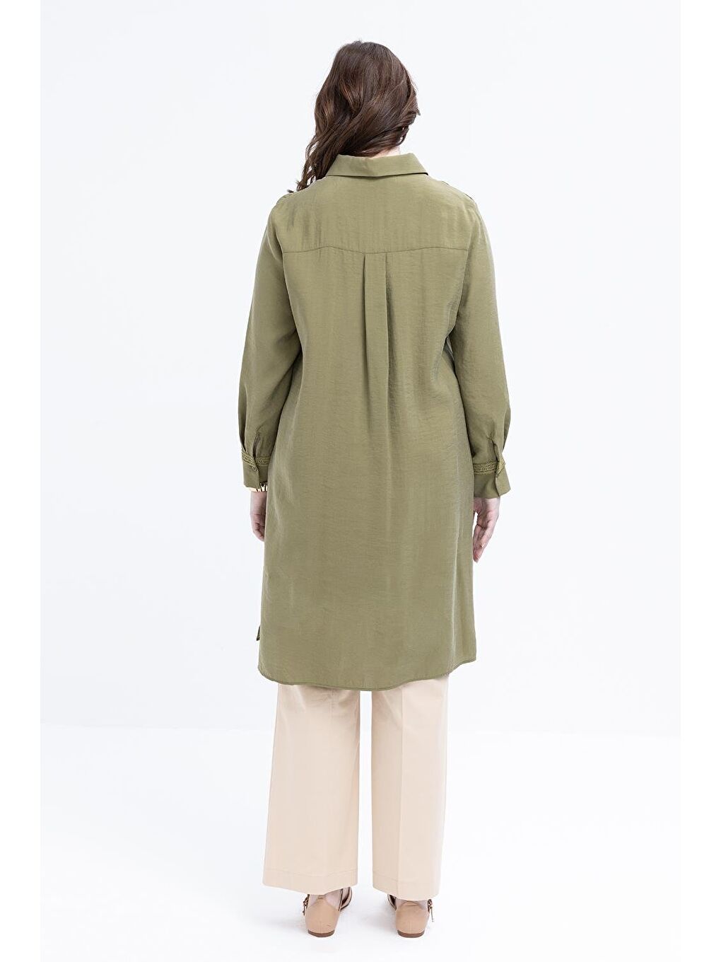 Haki-Şerit Dantel Detaylı Büyük Beden Modal Gömlek-3