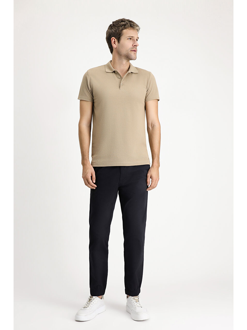 Bej Polo Yaka Regular Fit Nakışlı Pamuklu Büyük Beden Tişört-1