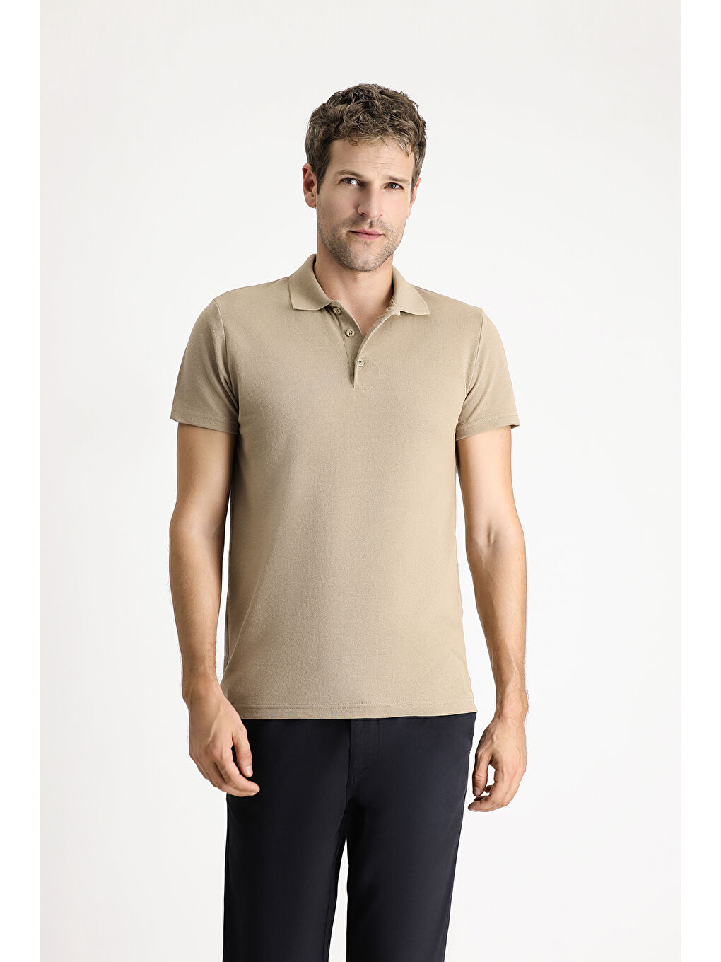 Bej Polo Yaka Regular Fit Nakışlı Pamuklu Büyük Beden Tişört-2