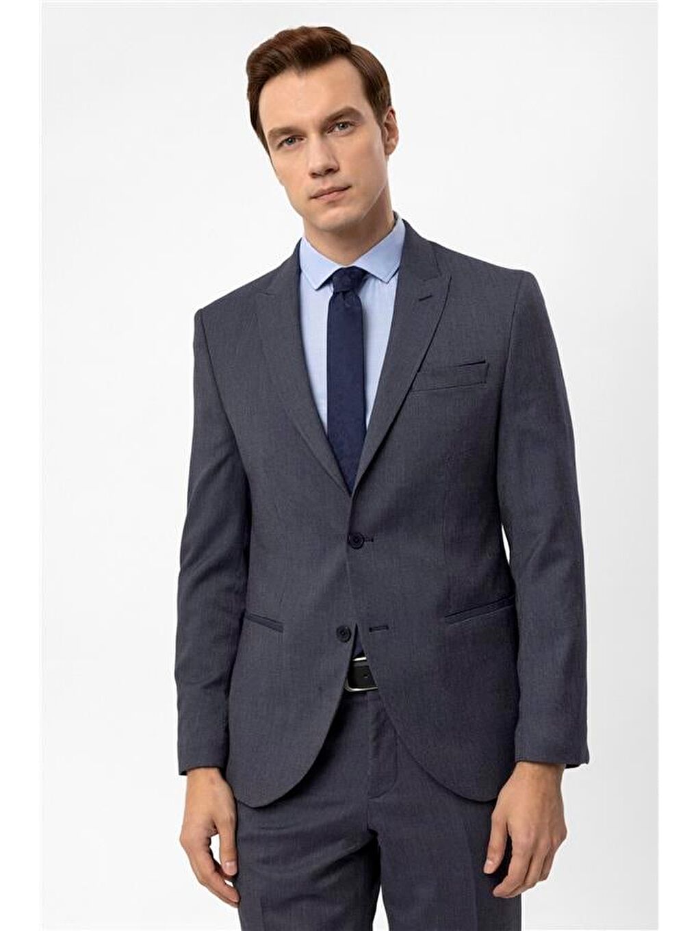 Lacivert Slim Armürlü Sivri Yaka 6 Drop Takım Elbise-8