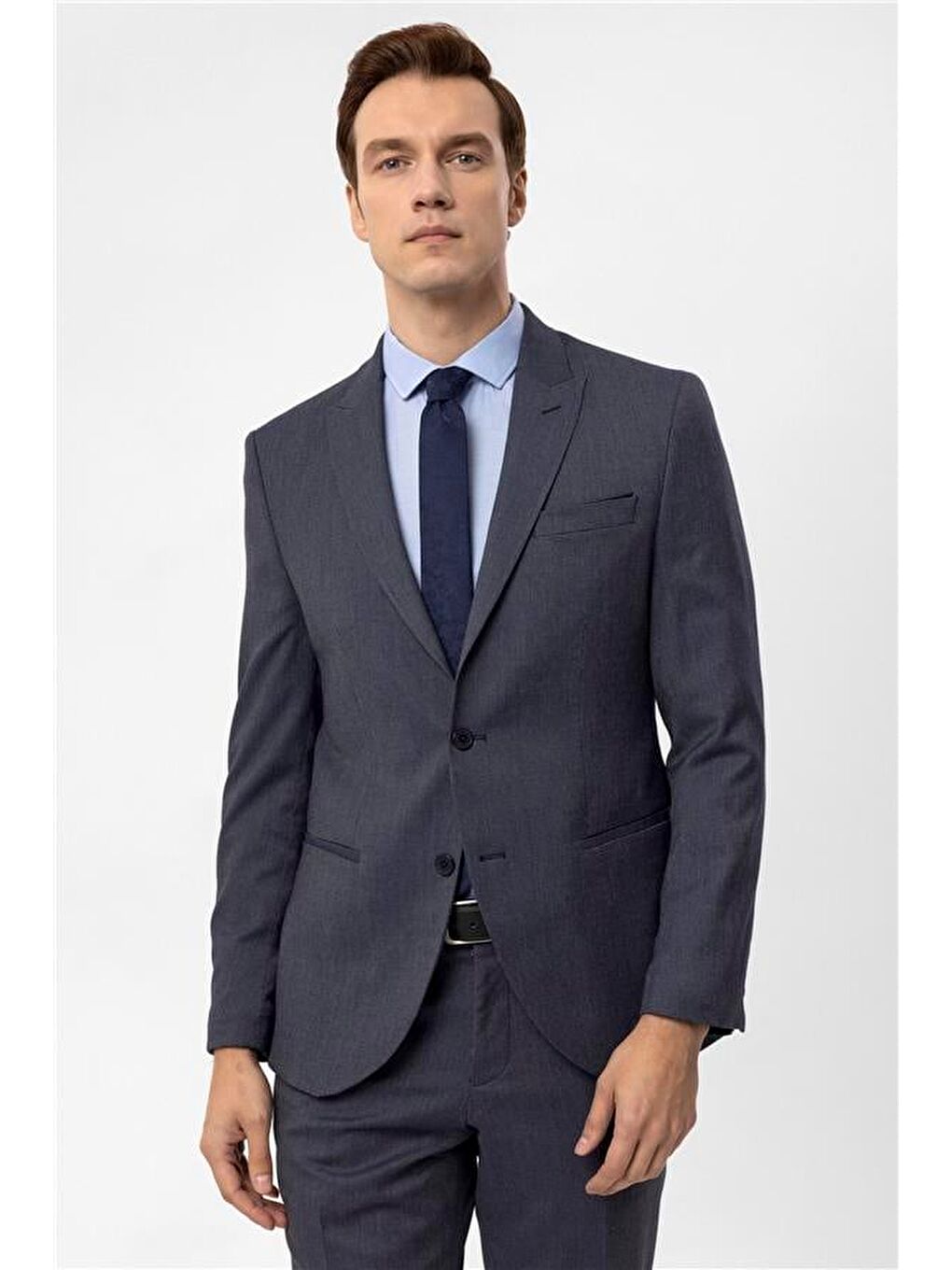 Lacivert Slim Armürlü Sivri Yaka 6 Drop Takım Elbise-9