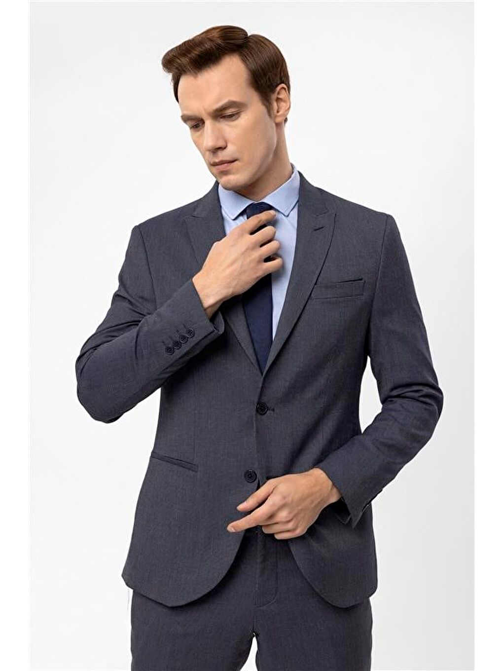 Lacivert Slim Armürlü Sivri Yaka 6 Drop Takım Elbise-10