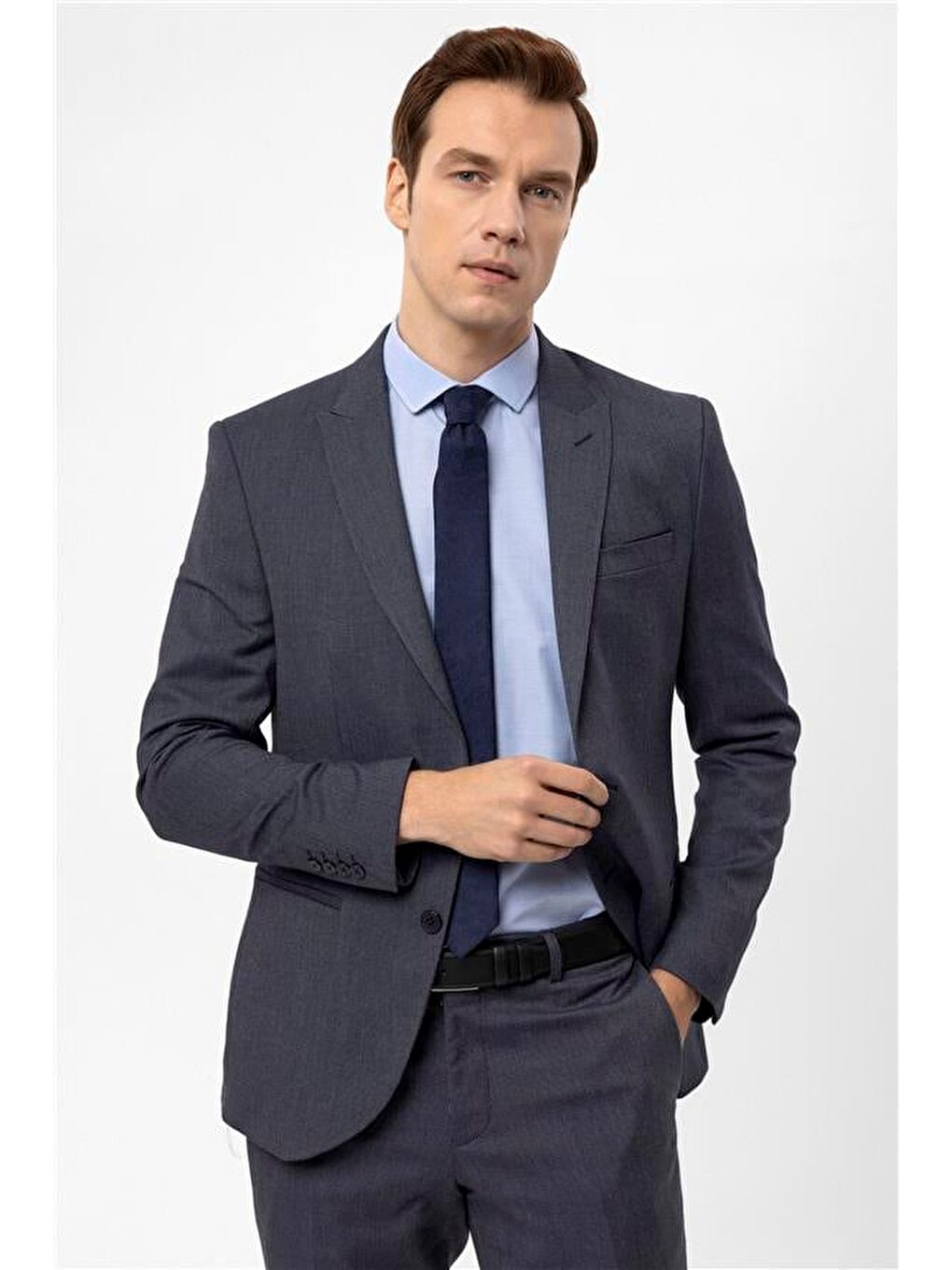 Lacivert Slim Armürlü Sivri Yaka 6 Drop Takım Elbise-11