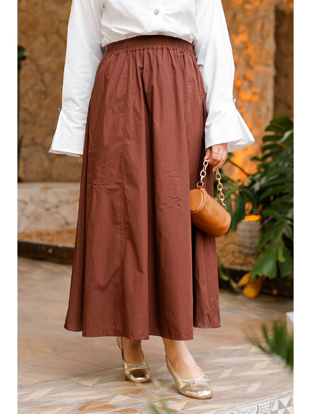 Kadın Bel Lastikli Etek  Kahverengi