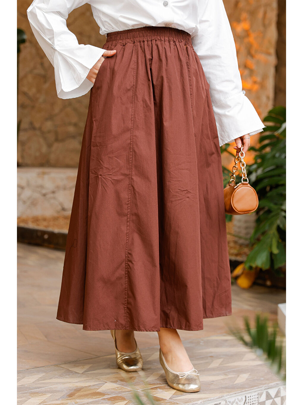 Kadın Bel Lastikli Etek  Kahverengi-1