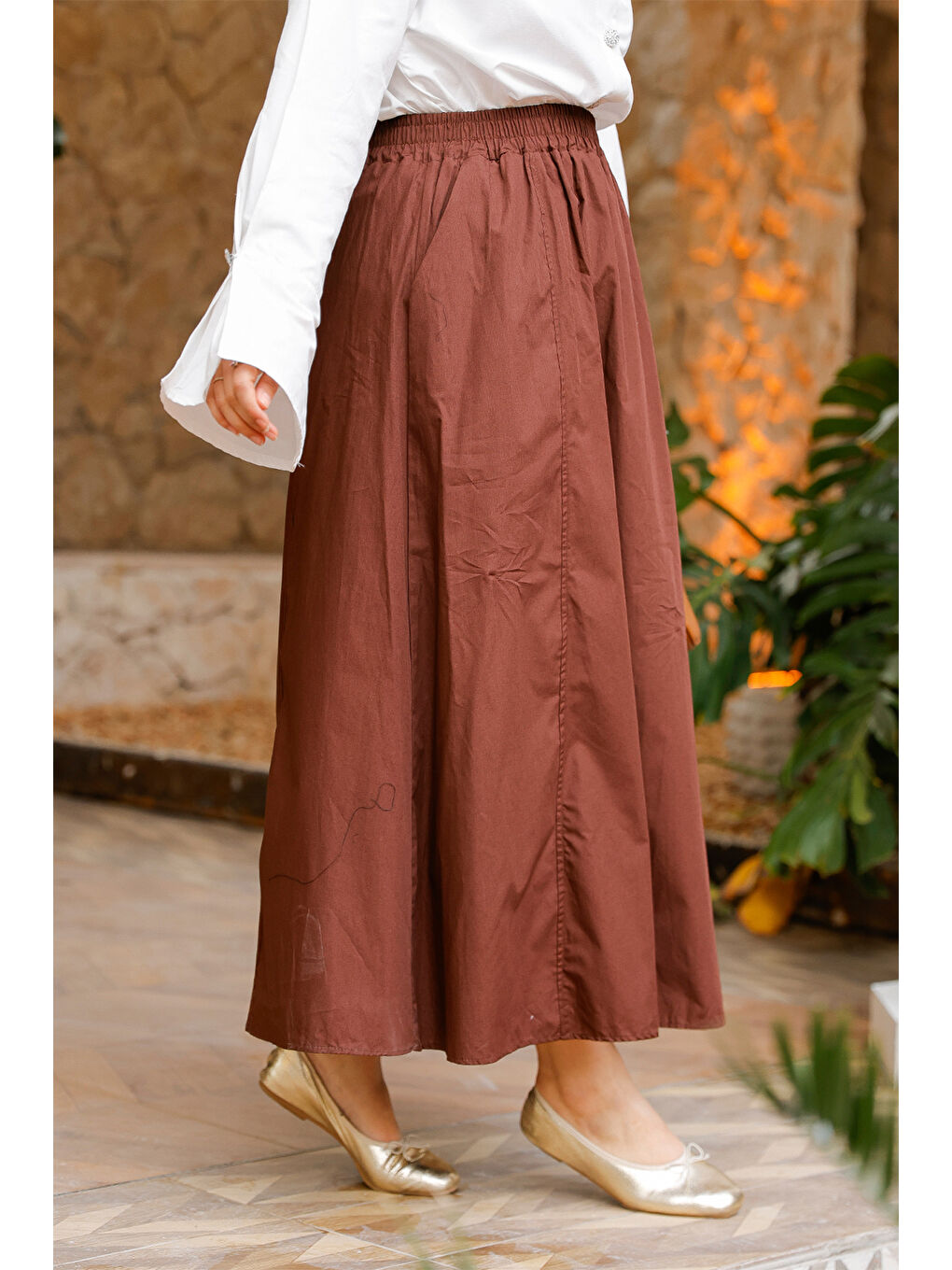Kadın Bel Lastikli Etek  Kahverengi-2
