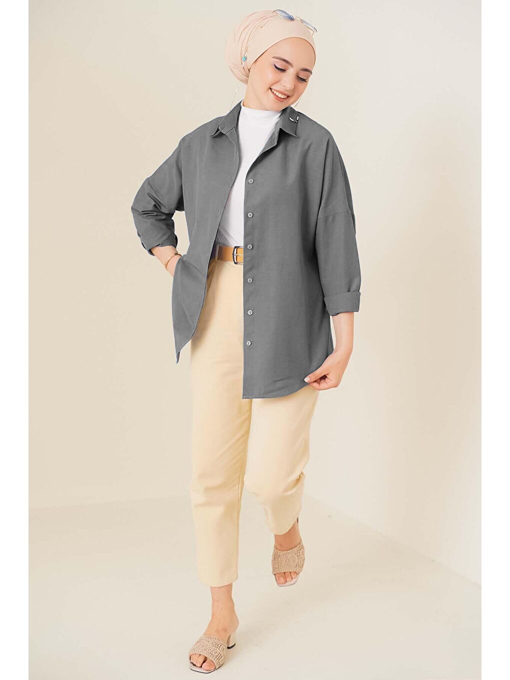 103901 Oversize Basic Tesettür Gömlek - Gri-1