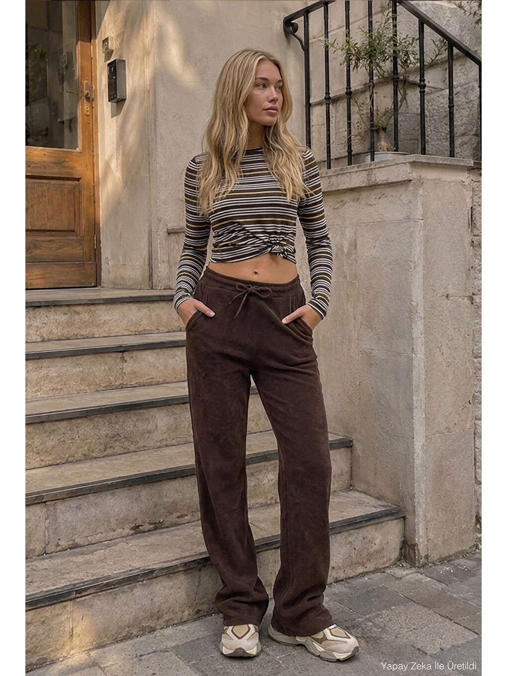 Kahverengi Kadın Acı Kahve W6-81 Flare Fit İnce Fitilli Esnek Velvet Kadife Kumaş Pantolon-2