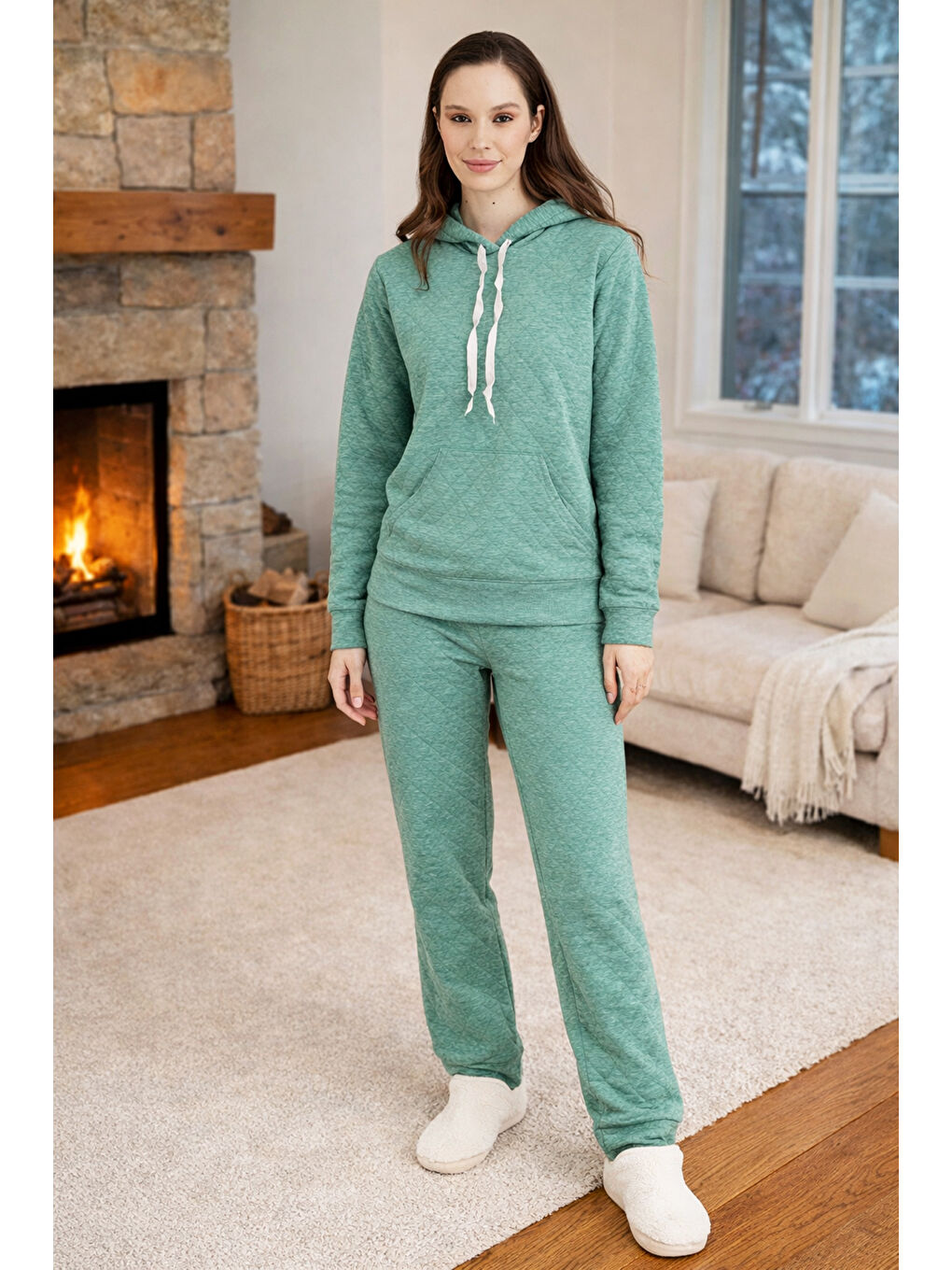 Yeşil Kadın Kapüşonlu Uzun Kol Kalın Kumaş Pijama Takımı 240434 Mint01-2