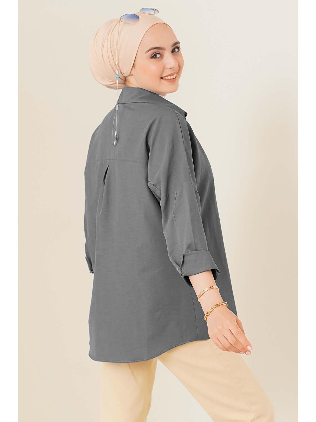 103901 Oversize Basic Tesettür Gömlek - Gri-2