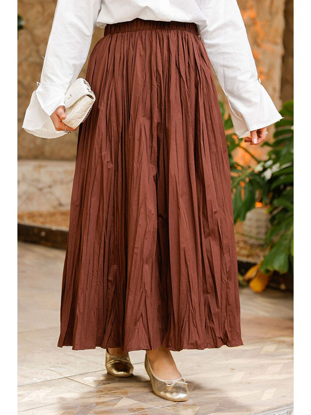 Kadın Beli Lastikli Kraş Etek Kahverengi-1