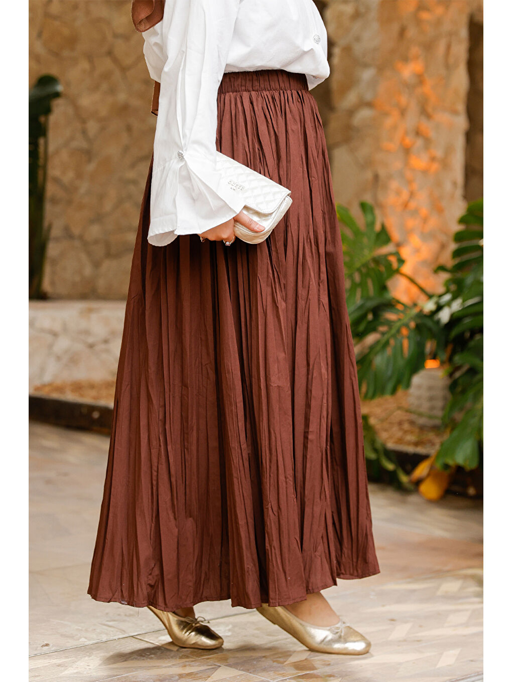 Kadın Beli Lastikli Kraş Etek Kahverengi-2