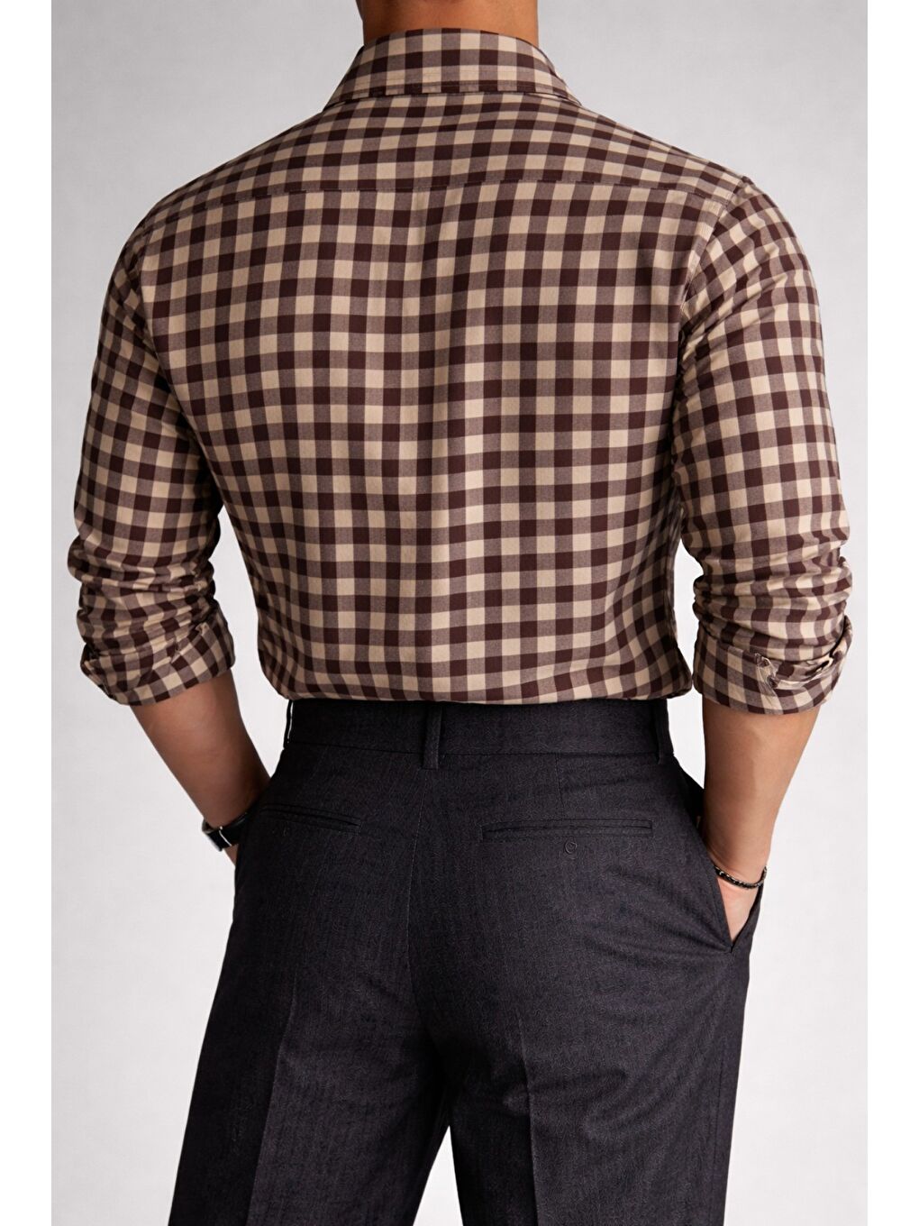 Ekru Erkek Ekose Gömlek Slim Fit Pamuklu Uzun Kollu Günlük Gömlek-1