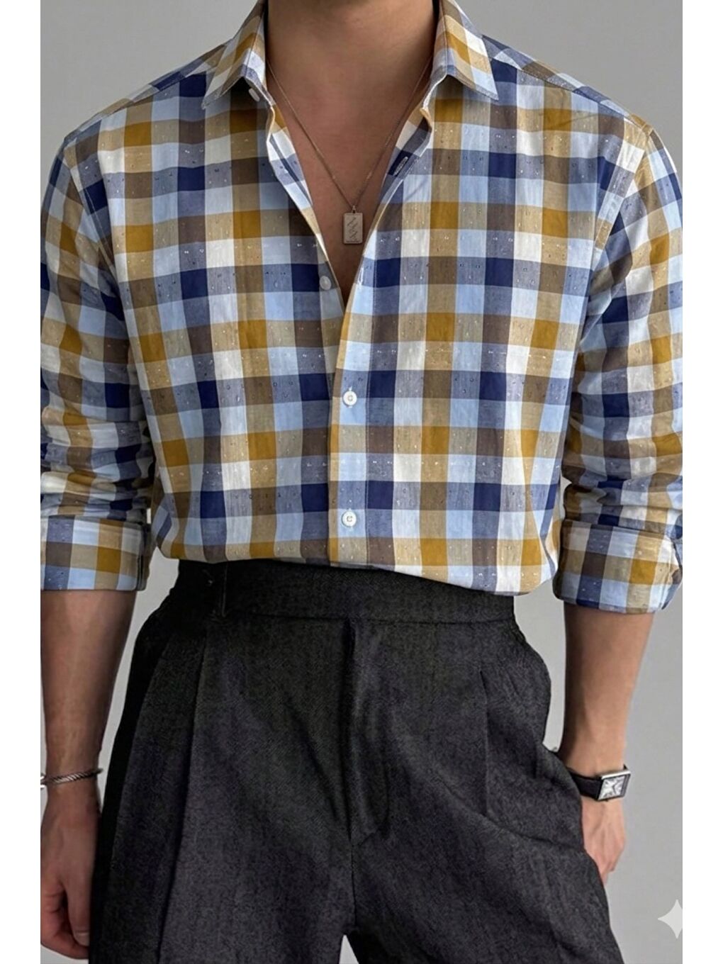 Mavi Erkek Ekose Gömlek Slim Fit Pamuklu Uzun Kollu Günlük Gömlek