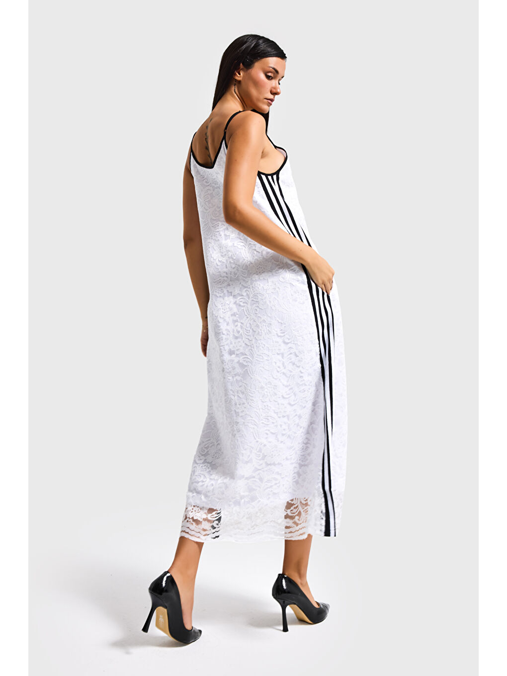 Kadın Beyaz Straight Şerit Detaylı Dantel Askılı Tasarım Elbise-2