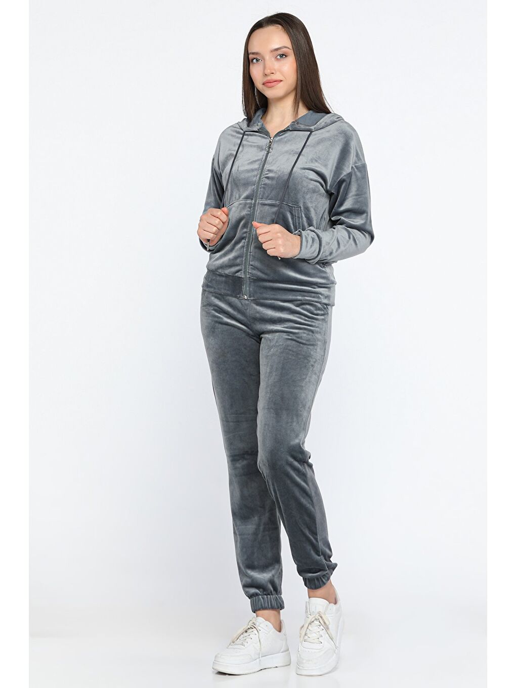 Gri Kadın Kadife Kapüşonlu Fermuarlı Sweat Pantolon İkili Takım-1