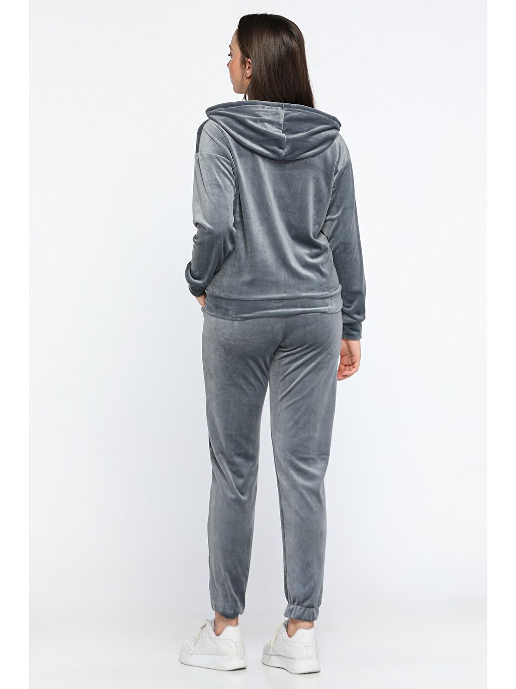 Gri Kadın Kadife Kapüşonlu Fermuarlı Sweat Pantolon İkili Takım-2